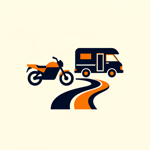 Emblème minimaliste représentant une moto, un camping-car et un van aménagé réunis autour d’une route sinueuse, en style plat sur fond uni.
