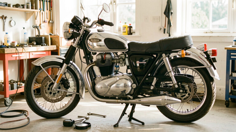 Moto classique soigneusement inspectée et préparée dans un garage avant un long voyage sur la route.