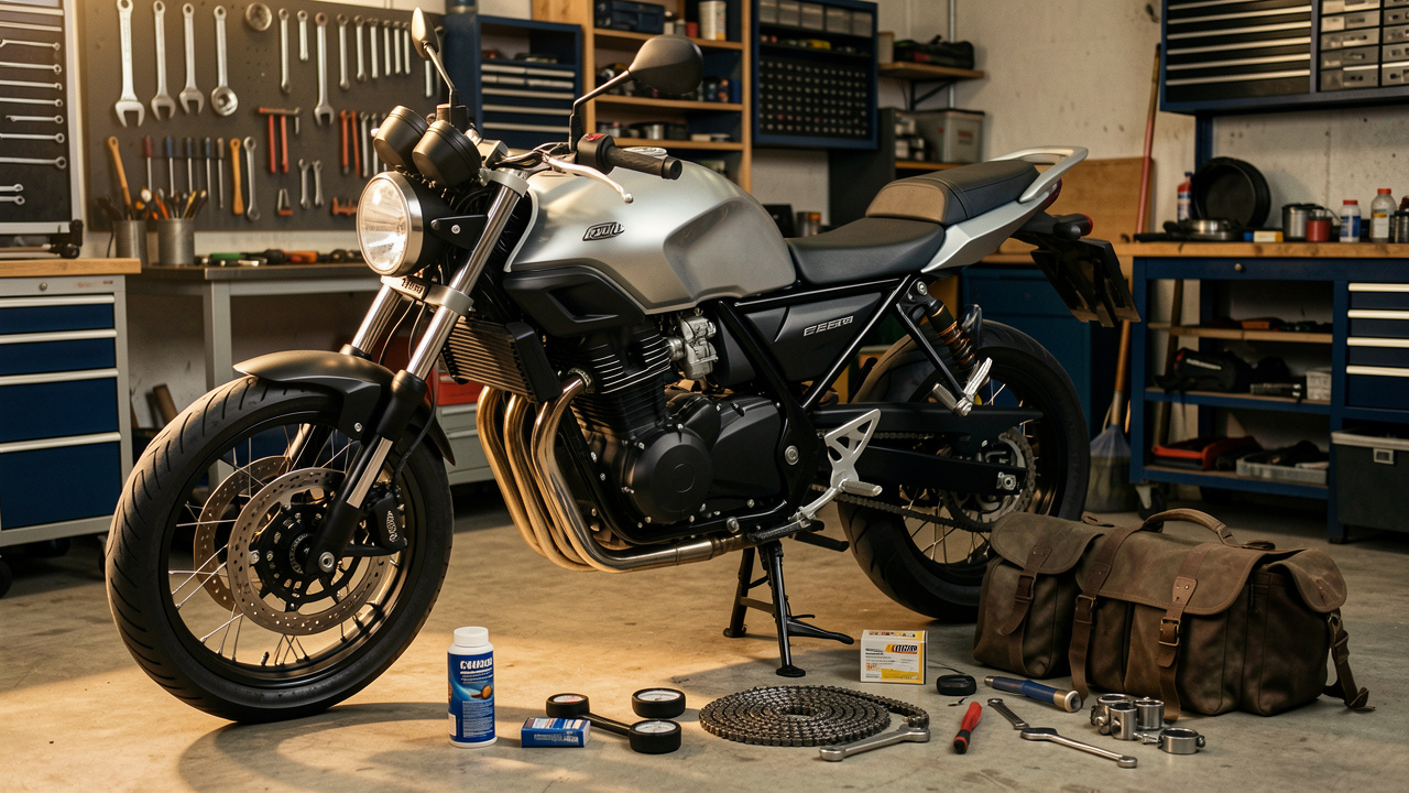 Moto de style rétro moderne en cours d’inspection dans un atelier, entourée d’outils et d’équipements d’entretien avant un long voyage.