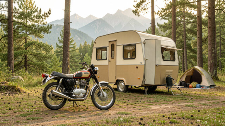 Moto classique de 350 cm³ garée près d’un van aménagé sur un emplacement de bivouac forestier, avec des montagnes et du matériel de camping en arrière-plan.