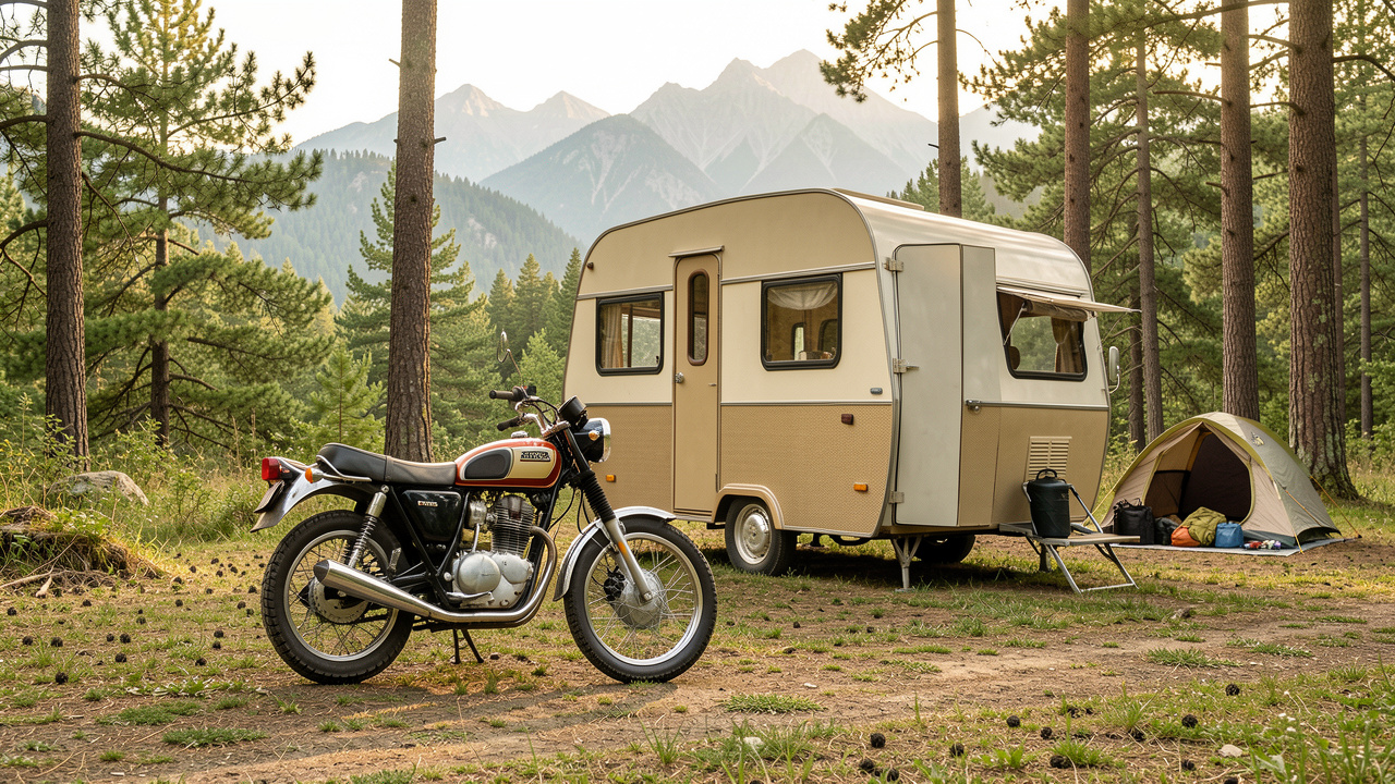 Moto classique de 350 cm³ garée près d’un van aménagé sur un emplacement de bivouac forestier, avec des montagnes et du matériel de camping en arrière-plan.