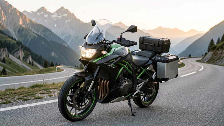 Moto roadster noire et verte équipée pour un long voyage, stationnée au bord d’une route de montagne au lever du soleil.