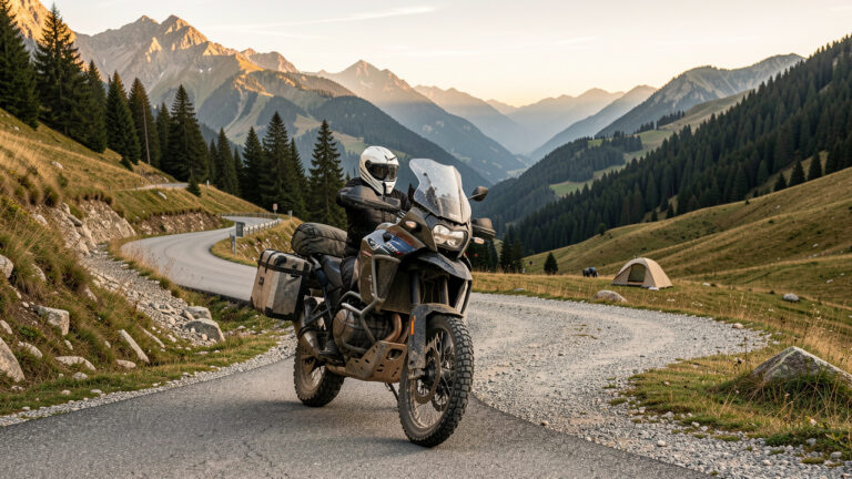 Moto de voyage tout-terrain chargée de bagages sur une piste de montagne française, avec routes sinueuses, vallées alpines et bivouac au coucher du soleil.