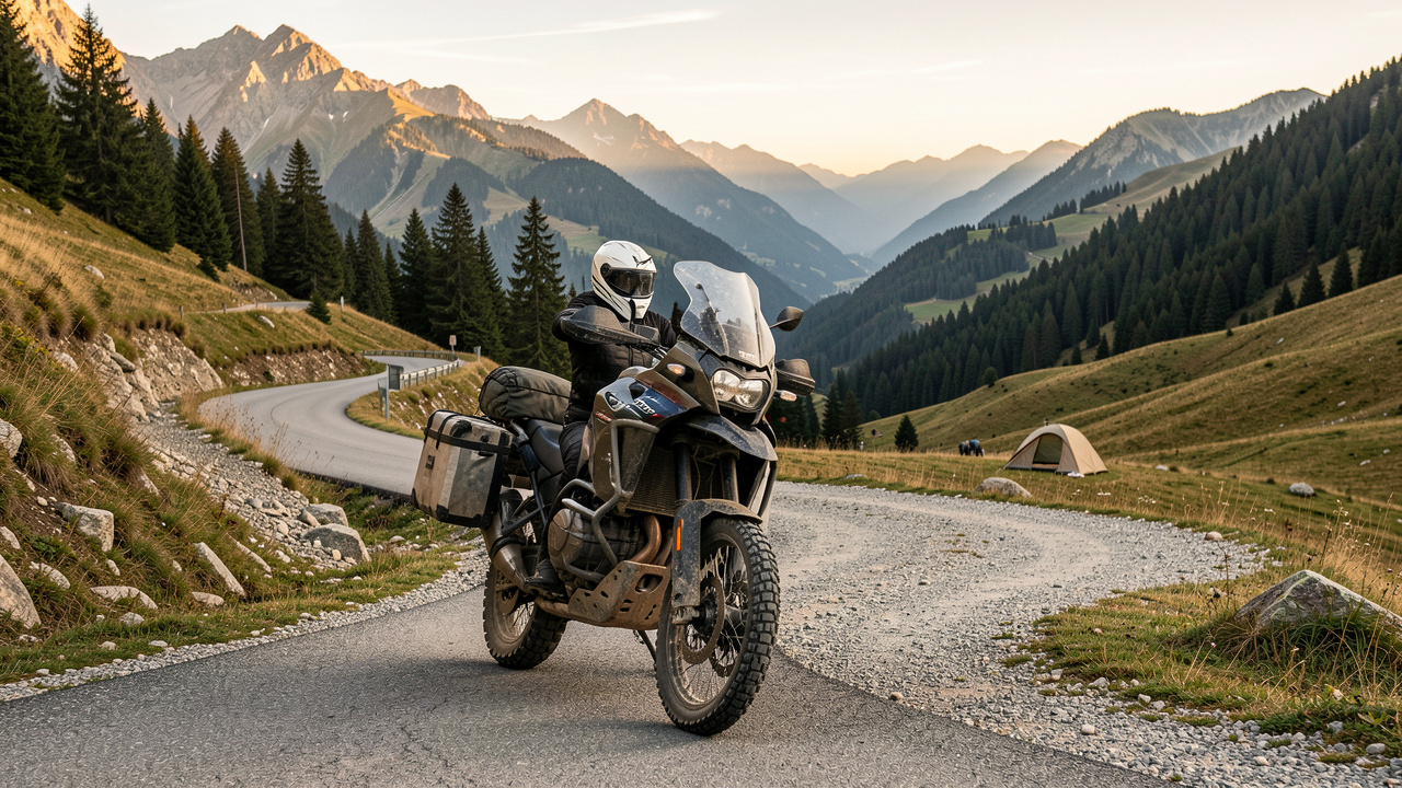 Moto de voyage tout-terrain chargée de bagages sur une piste de montagne française, avec routes sinueuses, vallées alpines et bivouac au coucher du soleil.