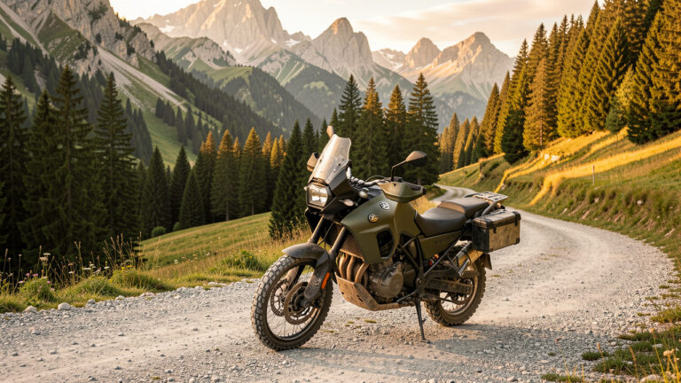 Moto tout-terrain de voyage roulant sur une piste isolée au cœur des Alpes françaises, entre forêts, sommets rocheux et prairies baignées de lumière.