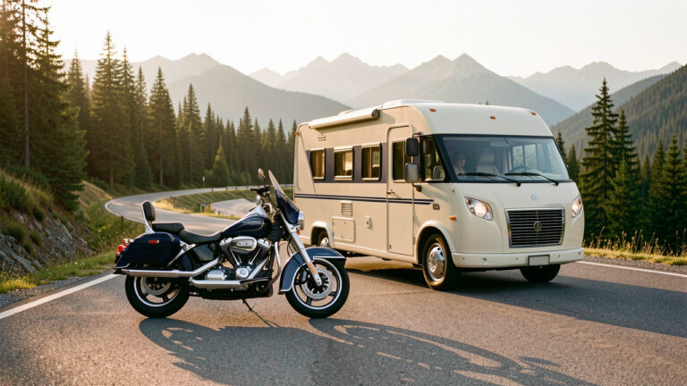 Une moto cruiser stationnée près d’un van aménagé sur une route de montagne au coucher du soleil.