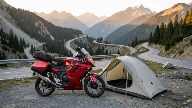 Moto sportive rouge chargée de bagages stationnée près d’une petite tente au bord d’une route de montagne sinueuse, à l’aube.
