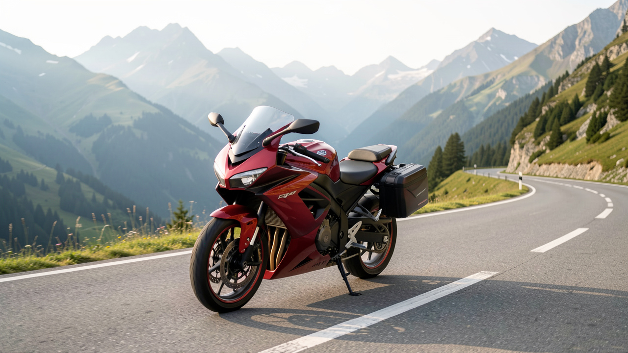 Moto sportive rouge équipée de sacoches, roulant sur une route de montagne sinueuse dans un paysage alpin lumineux.