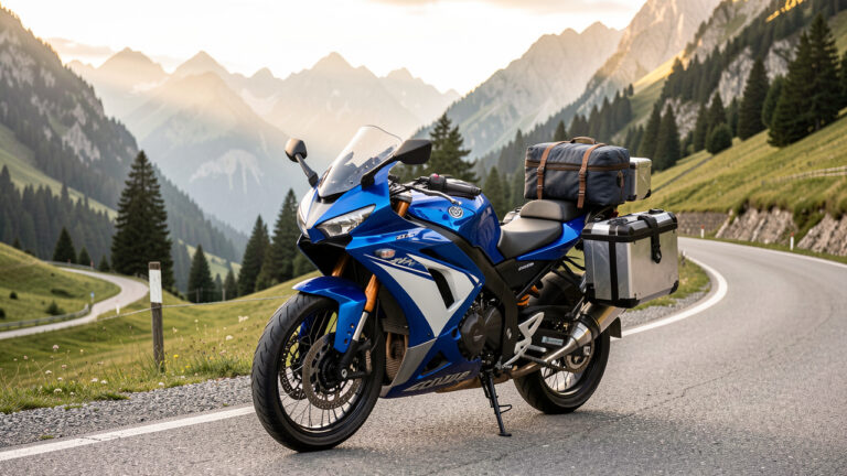 Moto sportive bleue et blanche équipée de bagages de voyage, stationnée près d’une route de montagne sinueuse dans un paysage alpin.