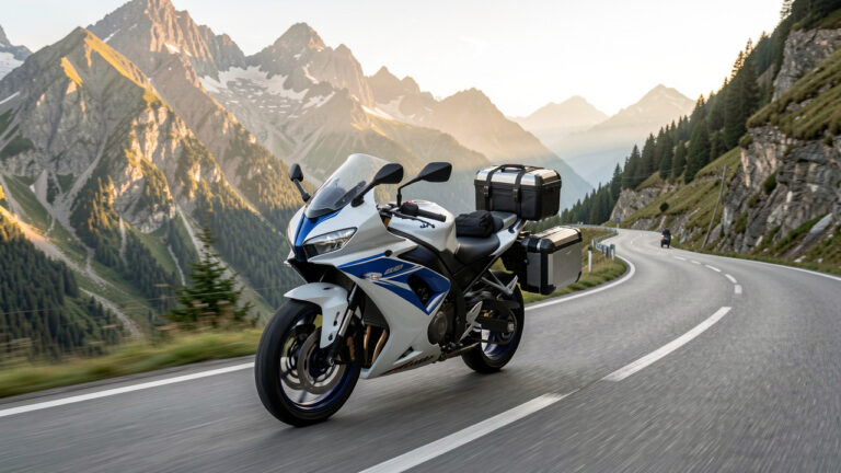 Une moto sportive équipée de bagages compacts roule sur une route sinueuse au cœur des montagnes alpines.