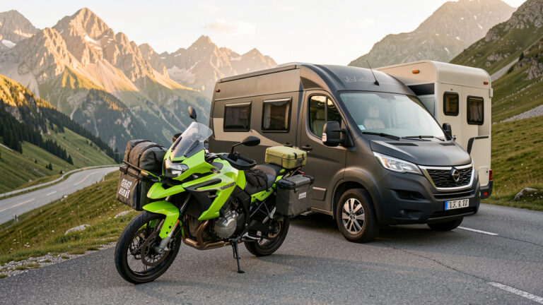 Moto sportive vert vif chargée pour un road trip, stationnée près d’un van aménagé sur une route de montagne au coucher du soleil.