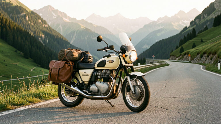 Moto rétro de style italien équipée de sacoches en cuir et de bagages pour un long voyage, stationnée sur une route de montagne au coucher du soleil.