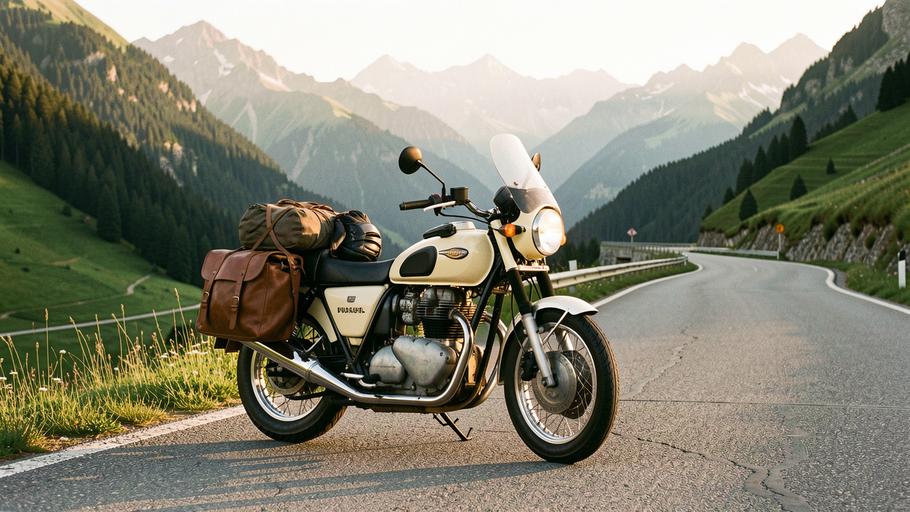 Moto rétro de style italien équipée de sacoches en cuir et de bagages pour un long voyage, stationnée sur une route de montagne au coucher du soleil.