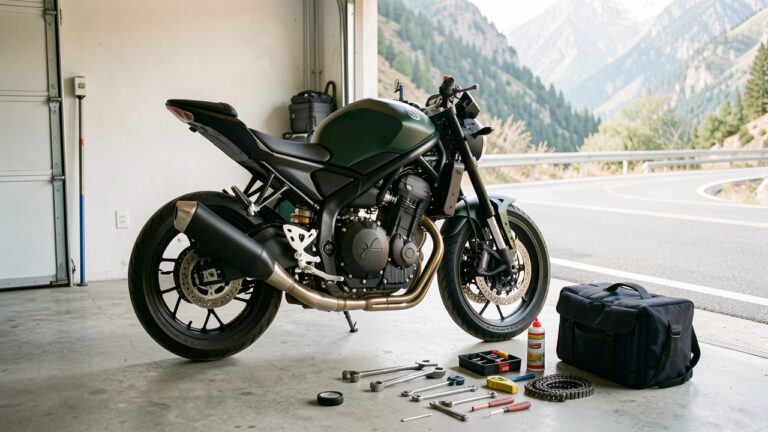 Moto de moyenne cylindrée noire et verte préparée pour un long road trip, entourée d’outils d’entretien, de produits pour la chaîne et de bagages compacts dans un garage lumineux.