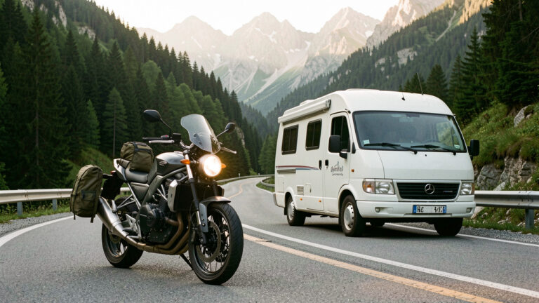 Une moto moderne stationnée en éclaireuse devant un camping-car sur une route alpine entourée de montagnes et de forêts.