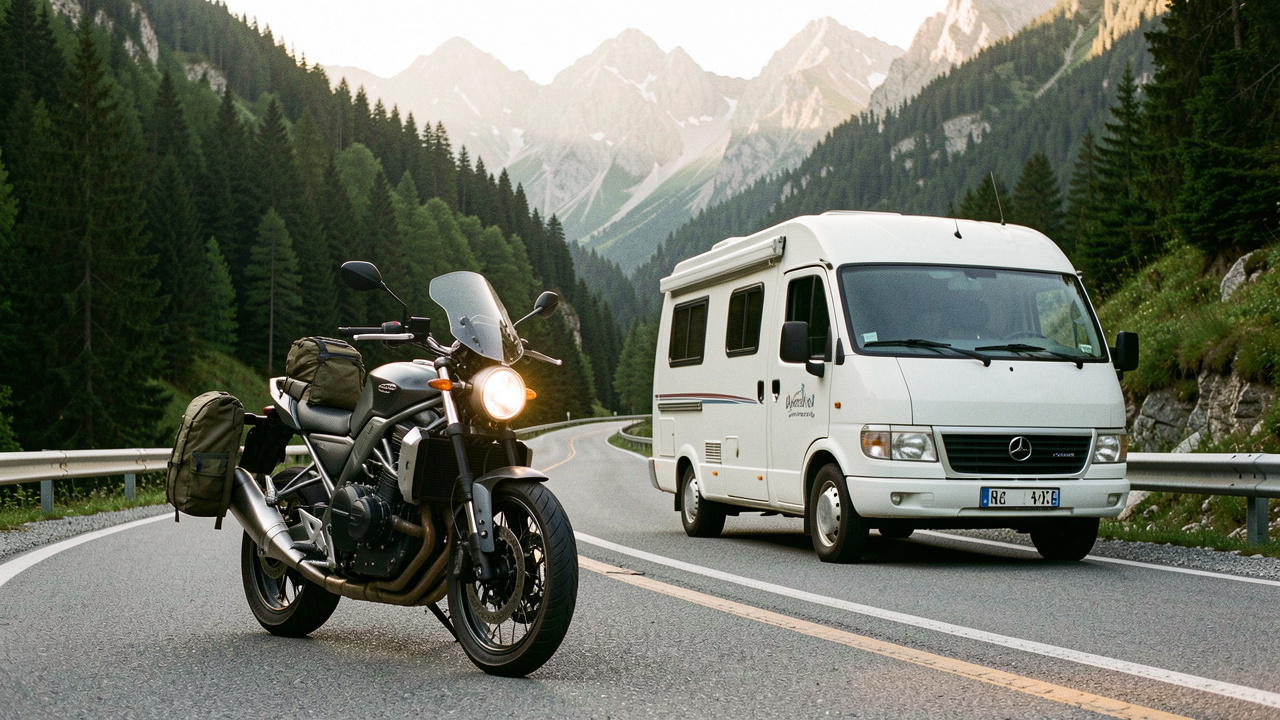 Une moto moderne stationnée en éclaireuse devant un camping-car sur une route alpine entourée de montagnes et de forêts.
