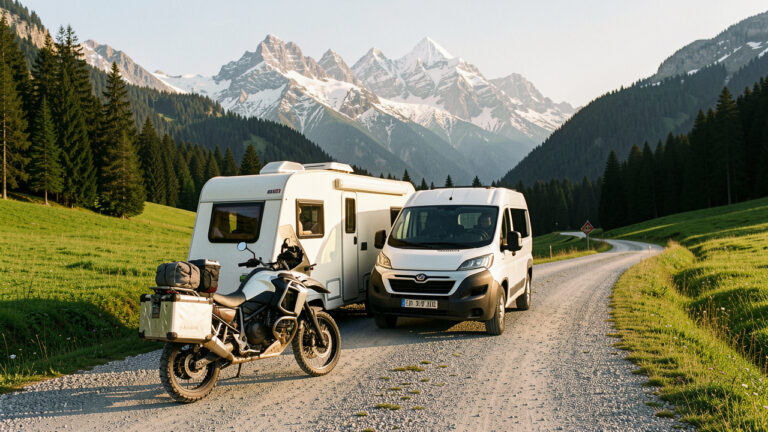 Moto d’aventure garée près d’un camping-car sur une piste panoramique des Alpes européennes, entourée de prairies, de forêts et de sommets enneigés.