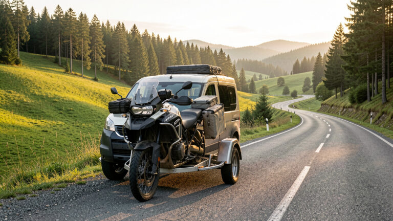 Moto de tourisme d’aventure fixée à l’arrière d’un camping-car, stationné au bord d’une route secondaire sinueuse dans un paysage de collines verdoyantes et de forêts de pins.