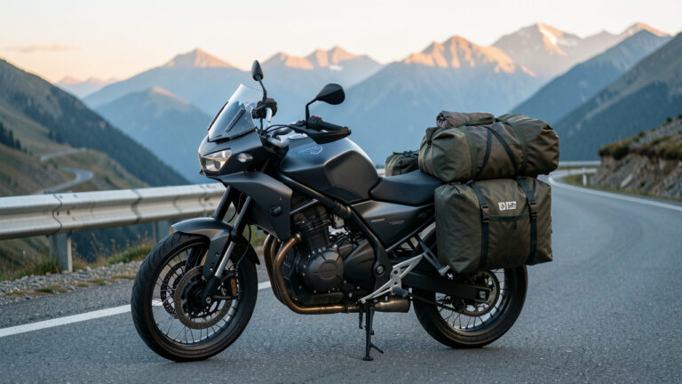 Moto roadster équipée de bagages et de matériel de camping, stationnée au bord d’une route de montagne au lever du jour.