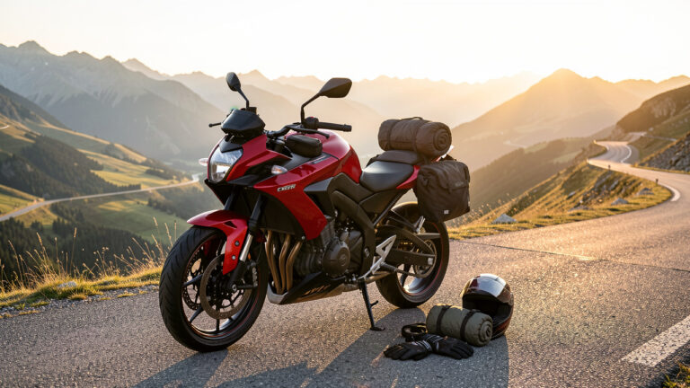 Moto sportive rouge et noire équipée de bagages compacts, d’un sac de réservoir, d’un casque et de matériel de voyage, stationnée sur une route de montagne au lever du soleil.
