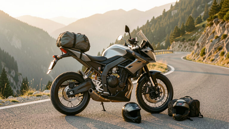 Moto roadster moderne équipée de bagages compacts et d’accessoires de protection, stationnée sur une route de montagne au lever du soleil.
