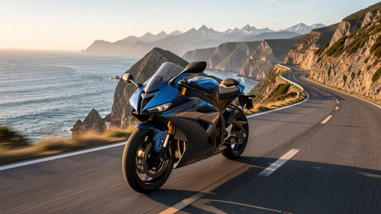 Moto sportive bleu foncé roulant sur une route sinueuse entre montagnes et falaises côtières au coucher du soleil.