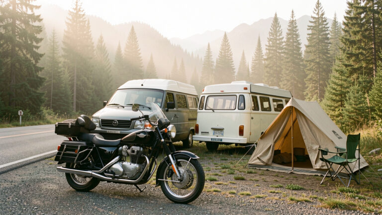 Moto de tourisme noire garée près d’un van aménagé et d’un bivouac en pleine nature, au bord d’une route de montagne.