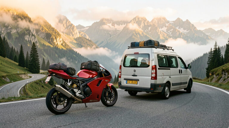 Moto roadster rouge garée près d’un petit van aménagé sur une route de montagne, dans une ambiance d’aventure et de voyage en plein air.