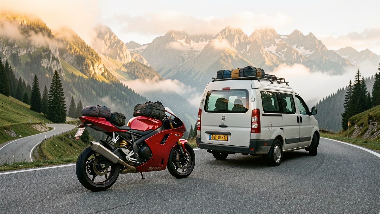 Moto roadster rouge garée près d’un petit van aménagé sur une route de montagne, dans une ambiance d’aventure et de voyage en plein air.