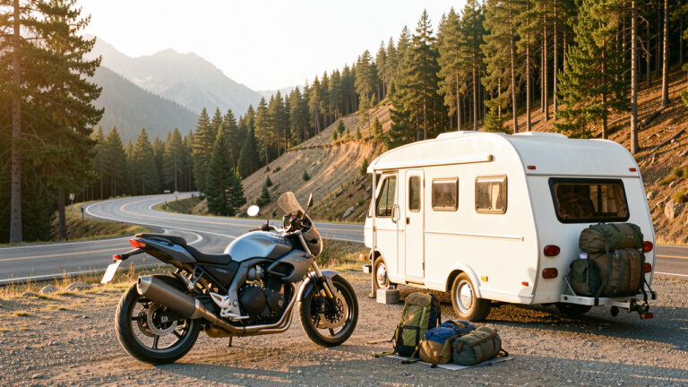Moto de route moderne fixée à l’arrière d’un camping-car compact, face à une route de montagne bordée de pins, avec du matériel de camping au coucher du soleil.