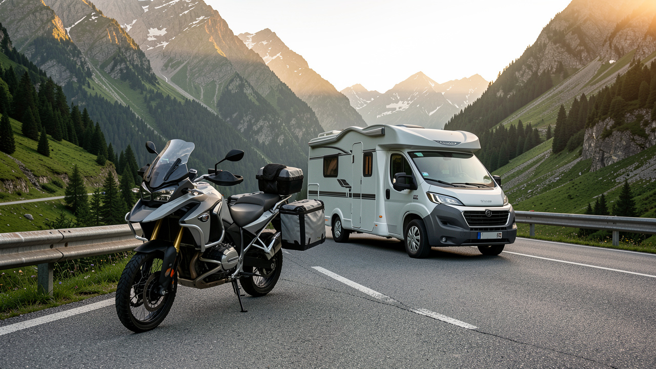 Moto trail routière garée devant un van aménagé dans un col alpin au lever du soleil